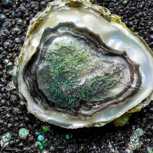 Prompt: a beautiful rendering of a dirty old corroded oyster with algae and barnacles growing on it, a glowing pure perfect iridescent pearl on the inside