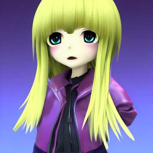 Image similar to portrait of a anime and chibi very cute girl with purple jacket design by antonio mello, xkung work, kawaii, genshin, cyberpunk fashion, character modeling, toy design, substance 3 d painter, blender, mental ray, zbrush, soft vinyl, bio luminescent, maximalist sculpted design portrait, studio photo, 7 0 mm lens, trending in artstation