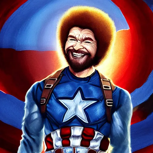 Image similar to Bob Ross smiling as captain america, digital art, concept art, sunset sky in the background, symmetrical, highly detailed, high quality, concept art, Deviant Art