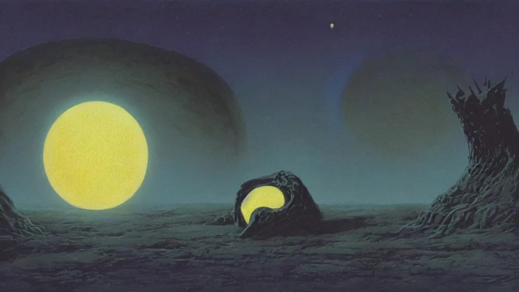 Image similar to mysterious whimsical sculpture of an alien crescent moon by paul lehr and john schoenherr and john harris, cinematic matte painting