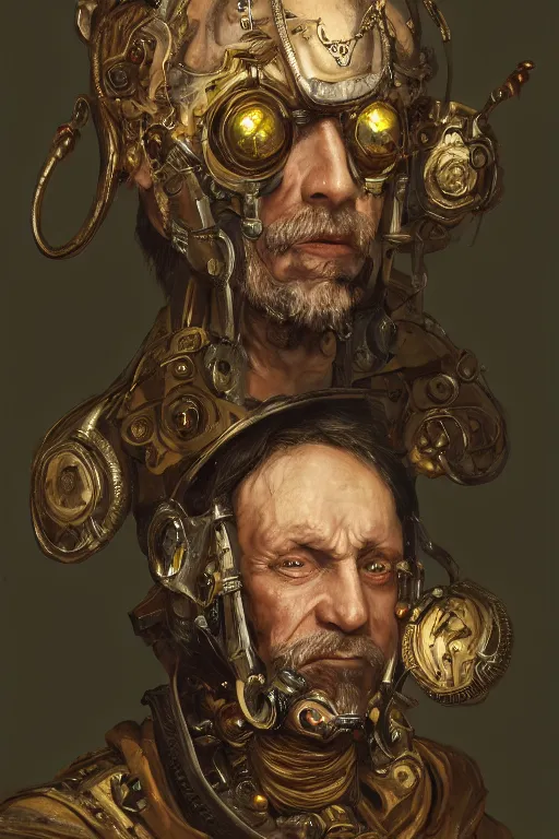 Prompt: portrait, headshot, digital painting, of a old 17th century, old cyborg merchant, amber jewels, baroque, ornate clothing, scifi, futuristic, realistic, hyperdetailed, chiaroscuro, concept art, art by Waterhouse