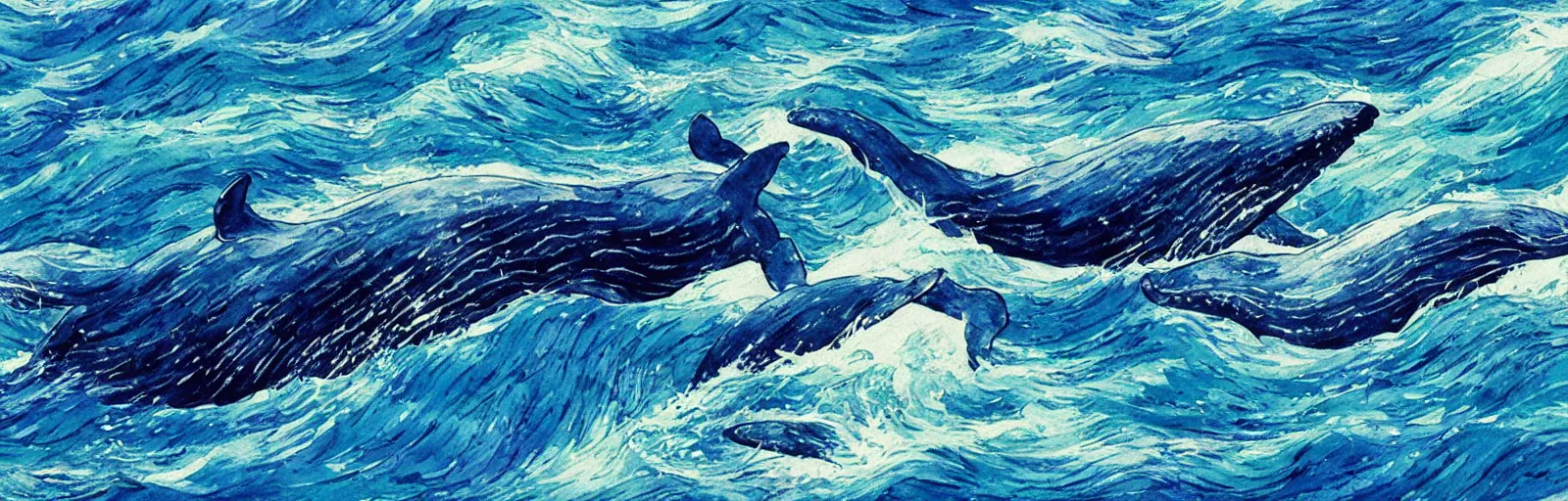 Image similar to whales in the ocean, aesthetically pleasing composition, watercolor painting by hayao miyazaki and vincent van gogh and national geographic, masterful, sharp focus, rich texture, rich vivid color, dynamic, energetic, lively, perspective, elegant design, high detail, hdr.