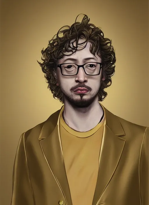 Prompt: Sam Hyde in gold suit, sigma male, accurately portrayed, portrait art by Hokusai, highly detailed, digital painting, concept art, illustration, dim lighting with twilight rays of sunlight, trending on artstation, very detailed, smooth, sharp focus, octane render, close up
