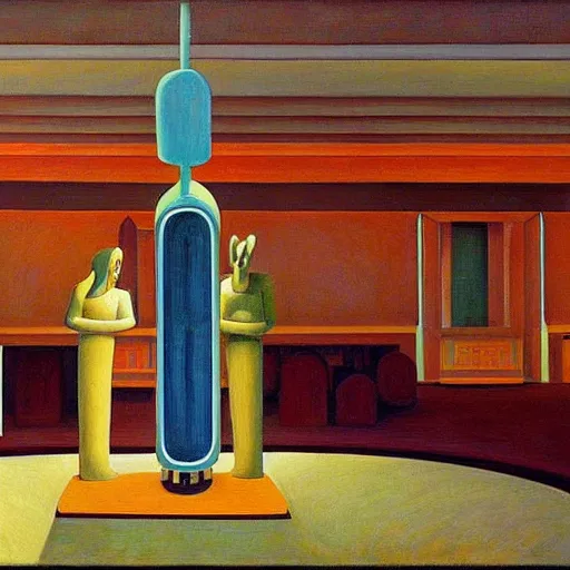 Image similar to robot druids in a grandiose atrium, grant wood, pj crook, edward hopper, oil on canvas