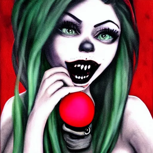 Prompt: grunge cartoon painting of kylie jenner with a wide smile and a red balloon by chris leib, loony toons style, pennywise style, corpse bride style, horror theme, detailed, elegant, intricate