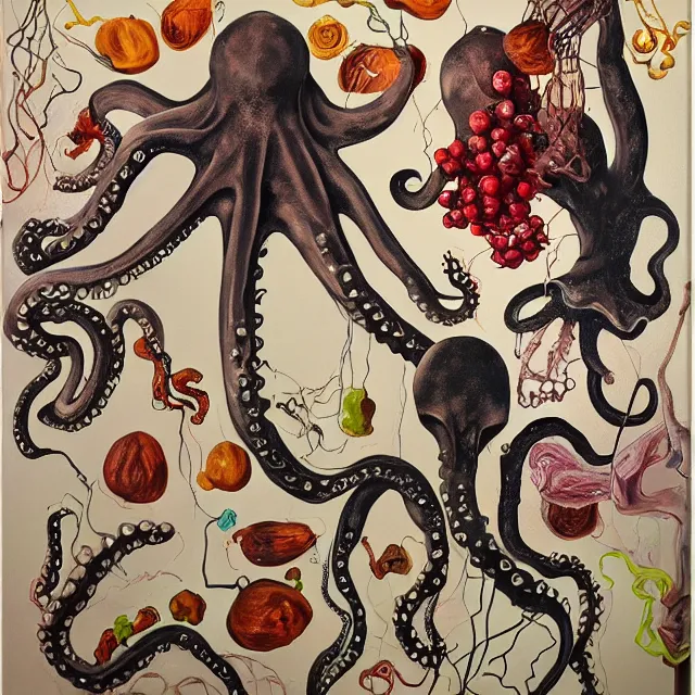 Prompt: cephalopods, xray, vine, portrait of a female art student, scientific glassware, oscilloscope, x - ray, sensual, sweet almost oil, almond blossom, squashed berries dripping, octopus, candlelight, neo - impressionist, surrealism, acrylic and spray paint and oilstick on canvas