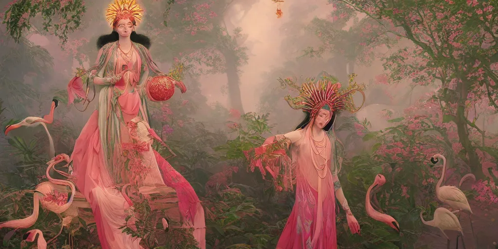 Image similar to breathtaking detailed concept art painting of the goddess of flamingo, orthodox saint, with anxious, piercing eyes, ornate background, amalgamation of leaves and flowers, by Hsiao-Ron Cheng and John James Audubon, extremely moody lighting, 8K