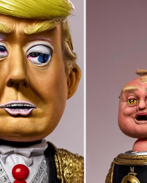 Image similar to highly detailed closeup, face profile portrait of a tin toy donald trump as a fairytale henry viii eating cakes, depth of field, nicoletta ceccoli, mark ryden, lostfish, max fleischer, breathtaking, detailed and intricate environment, 8 k resolution, hyperrealistic, octane render