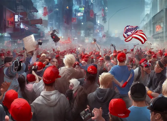 Prompt: character art by ruan jia, donald trump wearing wayfarer glasses and red baseball hat at a protest filled with bunnies, electrified, electric powers, streets filled with computer equipment, computer monitors, cat cables