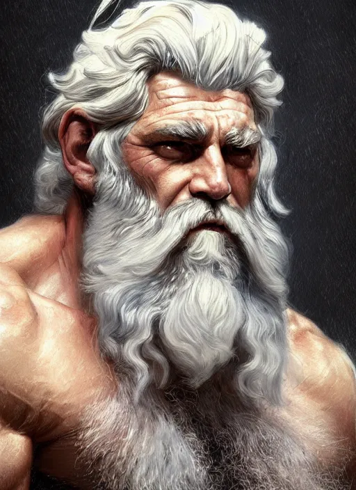 Image similar to painted portrait of rugged zeus, greek god, white hair, masculine, mature, handsome, upper body, muscular, hairy torso, fantasy, intricate, elegant, highly detailed, digital painting, artstation, concept art, smooth, sharp focus, illustration, art by gaston bussiere and craig mullins