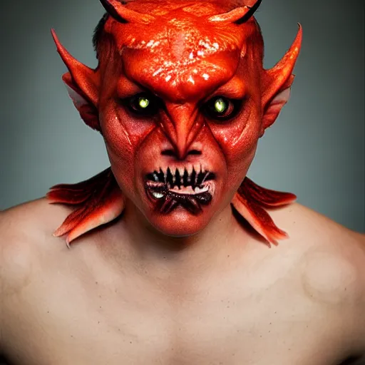 Prompt: a demon inspired by fish created by the make up artist hungry, photographed by andrew thomas huang, cinematic, expensive visual effects