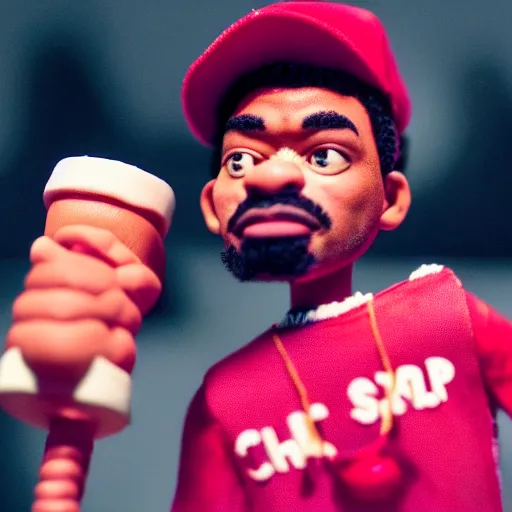 Image similar to a cinematic film still of a claymation stop motion film starring chance the rapper as a college student, shallow depth of field, 8 0 mm, f 1. 8