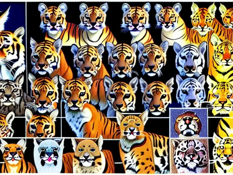 Prompt: multiple, side by side, portrait of different felidae, tiger, lynx, serval, cougar, ocelot, caracal, puma, leopard, panther, jaguar, highly detailed, digital art