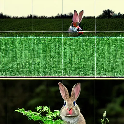 Image similar to a rabbit jumping up over a fence, shown as a film strip showing sequential stills starting from time 0 : 0 0 from the video clip in a grid