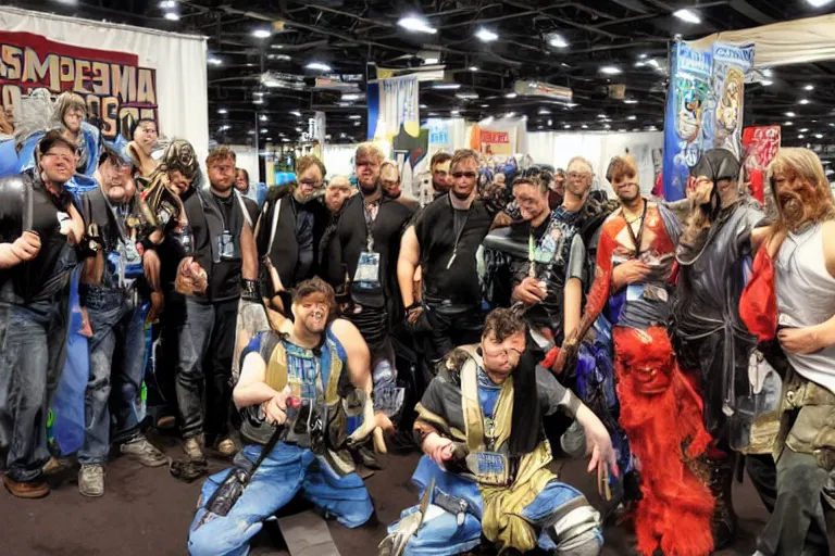 Prompt: a group of multiple ethan van scivers posing for a picture at a comic con convention