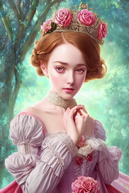 Prompt: a romatic dreamlike charming princess of legends character, victorian royal dresses, symmetrical, rose, maximalist, cg animation, riot enterainment, arcane, realistic, hyper detailed, masterpiece character select portrait, by artgerm, anna dittmann, ilya kuvshinov, loish, drew struzan, charlie bowater, 3 d