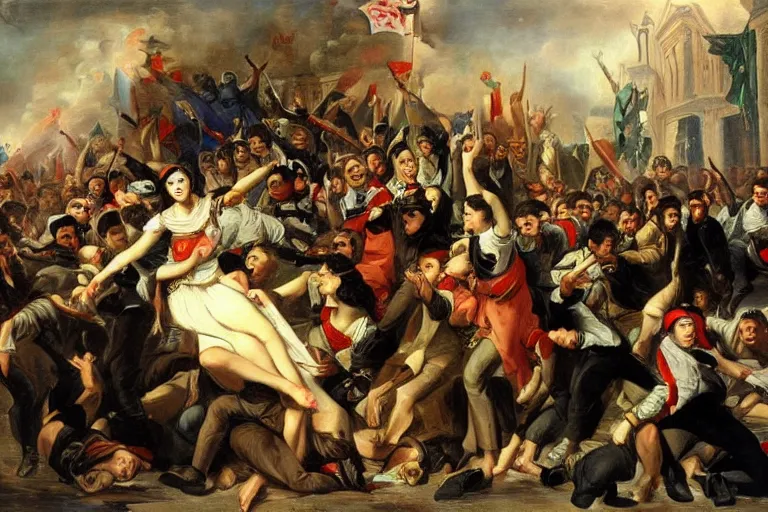 Image similar to protesters riot against war, in style of Karl Bryullov,