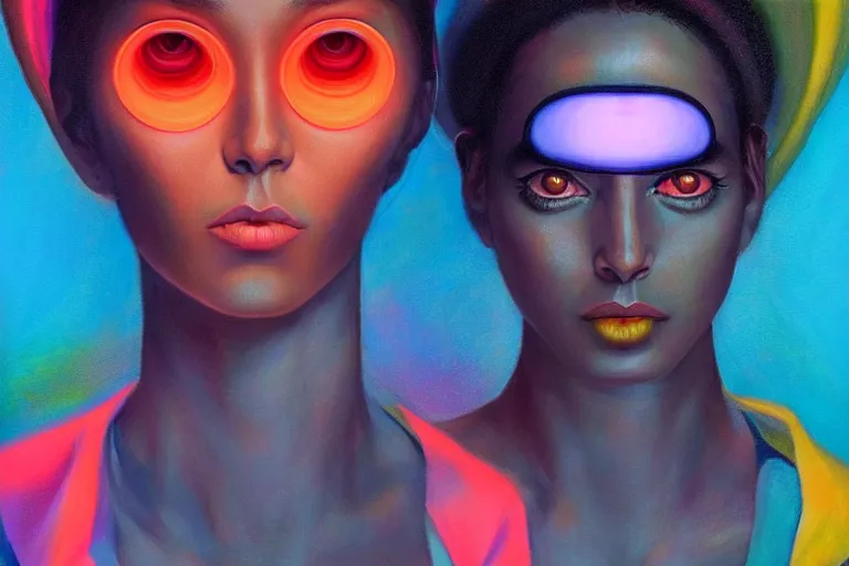 Image similar to patron saint of 🛸🌈👩🏾, futuristic clothing, neon god of city character portrait, in the style of margaret keane, moebius, tom bagshaw, and waterhouse, cinematic lighting, beautiful, elegant, oil painting,