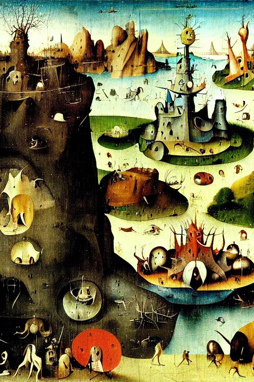 Image similar to a beautiful landscape with weird creatures by hieronymus bosch
