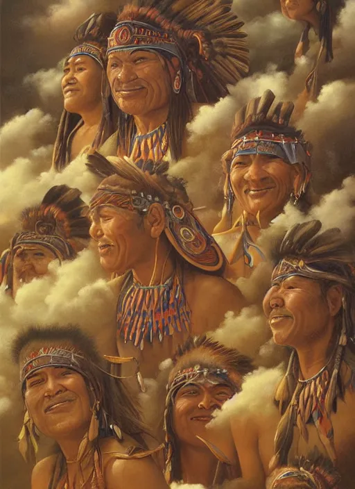 Prompt: faces of indigenous amazonian grandfathers and grandmothers spirits in the clouds, smiling, benevolence, ancestors, detailed faces, art by christophe vacher