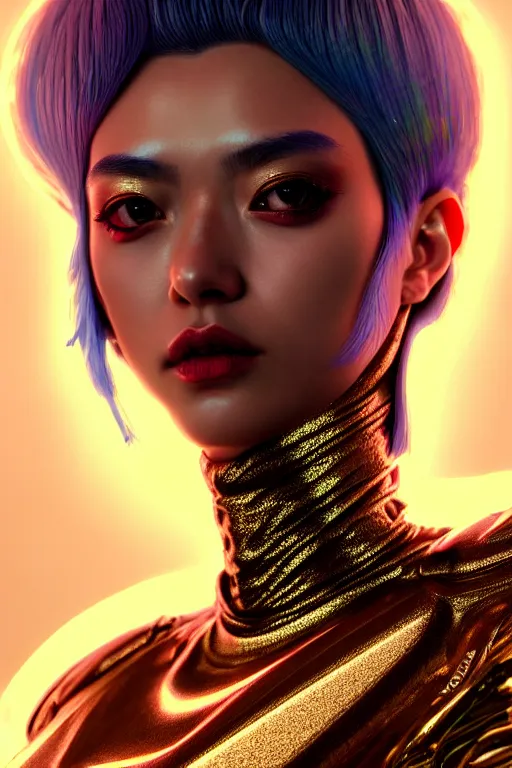 Image similar to hyperdetailed portrait of a stunningly beautiful movie thirty years old star androgynous woman guard made of iridescent metals, shiny gems, inspired by ross tran and wlop and masamune shirow and kuvshinov, concept art, intricate, photorealistic, octane render, rtx, hdr, unreal engine, dnd digital art by artgerm