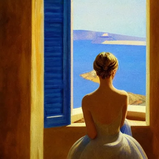 Prompt: Elle Fanning in Santorini at night, head and shoulders portrait, stormy weather, extremely detailed masterpiece, Roger Deakin’s cinematography, illustration, by Edward Hopper,