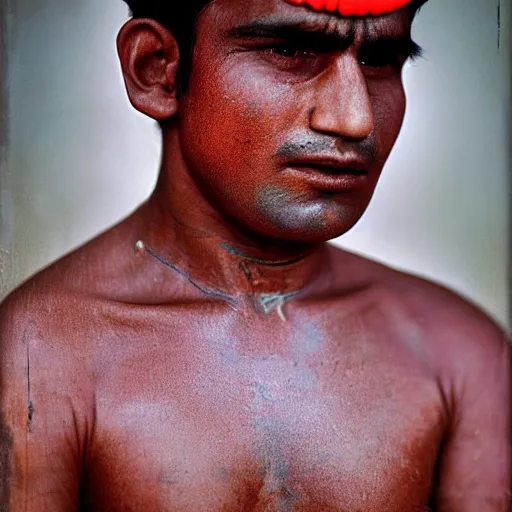 Image similar to color photo, closer up portrait of indian kushti wrestler by richard avedon, realistic, Leica, medium format, cinematic lighting, parallax, high resolution,