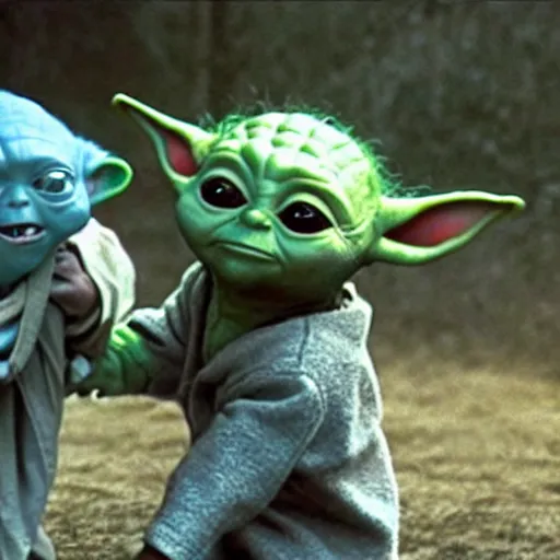 Image similar to a film still of baby yoda's son being trained by luke skywalker in star wars realistic, detailed