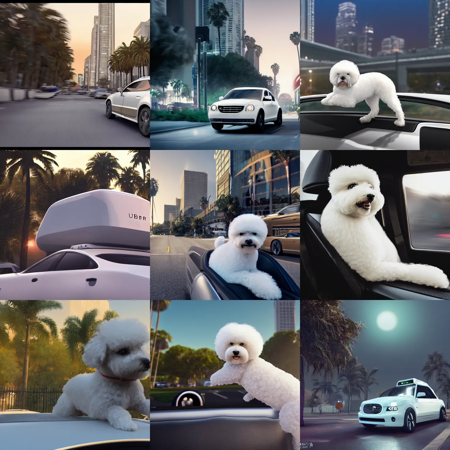 Prompt: a photorealistic image of bichon frise riding in the back on an uber in Hollywood at dusk. This 4K HD image is Trending on Artstation, featured on Behance, well-rendered, extra crisp, features intricate detail and the style of Unreal Engine.