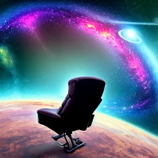 Prompt: a person floating out of their recliner chair, dramatic galaxy background scene, stars planets suns