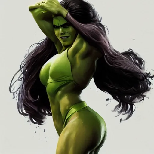 Image similar to she hulk, played by scarlett johannson, beautiful, cinematic, head and shoulders, striking pose, by greg rutkowski