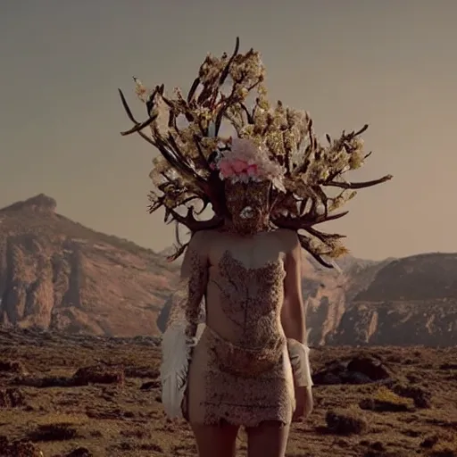 Image similar to The full body shot of beautiful pale woman with white flowers and full-face golden occult mask and antlers in a rocky desert landscape, multiple eyes by Denis Villeneuve, Lubezki, Gaspar Noe and Christopher Doyle, anamorphic lens, anamorphic lens flares, kodakchrome, cinematic composition, practical effects, award winning photo, 8k, detailed 85mm f/1.4