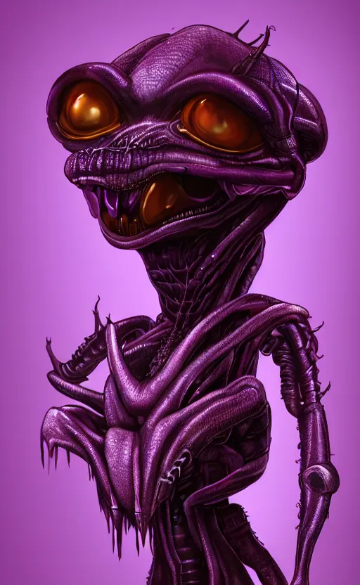 Prompt: character portrait art, ant alien, trending in artstation, purple color lighting