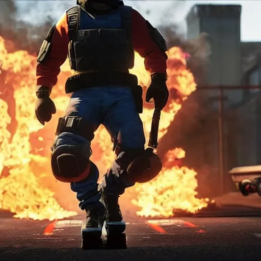 Prompt: Montagne from Rainbow Six Siege standing on a hoverboard leaving behind a trail of flames and explosions