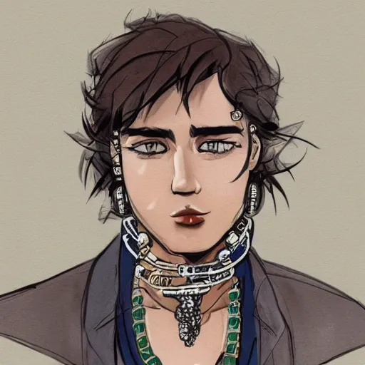 Image similar to a character sketch of a handsome young man wearing excessive jewelry in a tasteful way