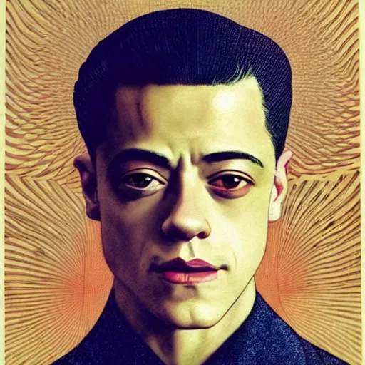 Image similar to “ rami malek portrait by ikenaga yasunari and ayana otake and ko rakusui, 6 0 s poster, drawing, realistic, sharp focus, japanese, dreamy, nostalgia, faded, golden hues, floral clothes ”