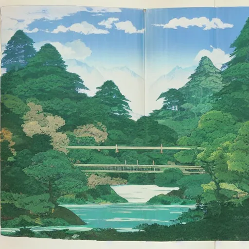 Image similar to A landscape with mountains and forests and a river crossing by the middle of a valley by Studio Ghibli