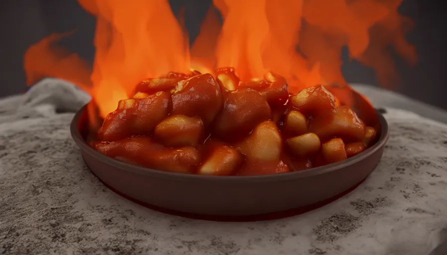 Prompt: poutine ( the canadian meal ) from mount doom, volcano texture, lava texture, fire texture, cheese curds texture, octane render, highly detailed texture, 8 k