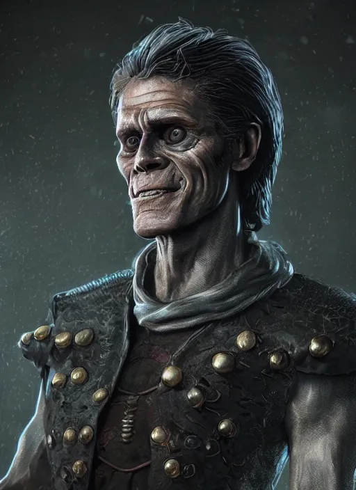 Prompt: A fantasy comic book style portrait painting of Willem Dafoe as a necromancer in dark castle setting, unreal 5, DAZ, hyperrealistic, octane render, RPG portrait, dynamic lighting