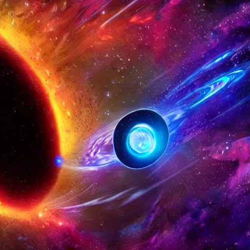 Image similar to glowing glorious 3D black hole in movie, intergalactic, space theme, galaxy colored, hyperdetailed, digital painting, trending on Artstation, cel-shading style, CG society, hyperdetailed, digital painting, hypermaximalist, golden ratio, volumetric, octane render, weta digital, micro details, 3d sculpture