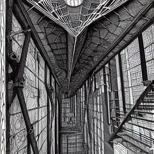 Image similar to a giant spider in a huge bright maze of many doorways and lots of stairs, many doorways, inside MC Escher architecture, artstation, Junji Ito, epic composition