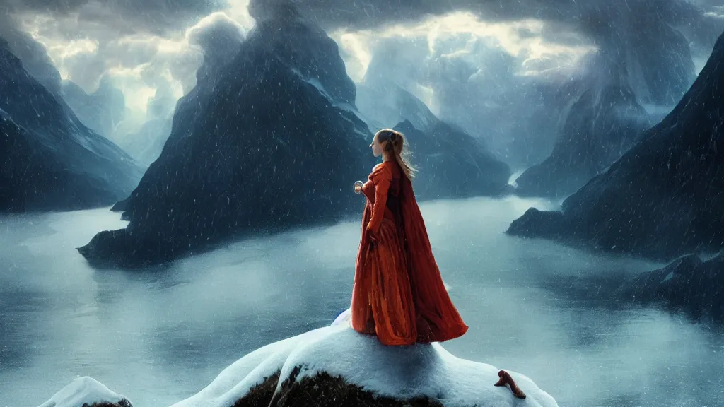 Image similar to wizard, norway fjord, natalie portman, hudson river school, max rive, royal dress, f 1 6, bokeh, gentle, female, snowy, storm clouds, god rays, close up portrait, d & d, fantasy, elegant, teal orange color palette, concept art, roger deakins and greg rutkowski and alphonse mucha