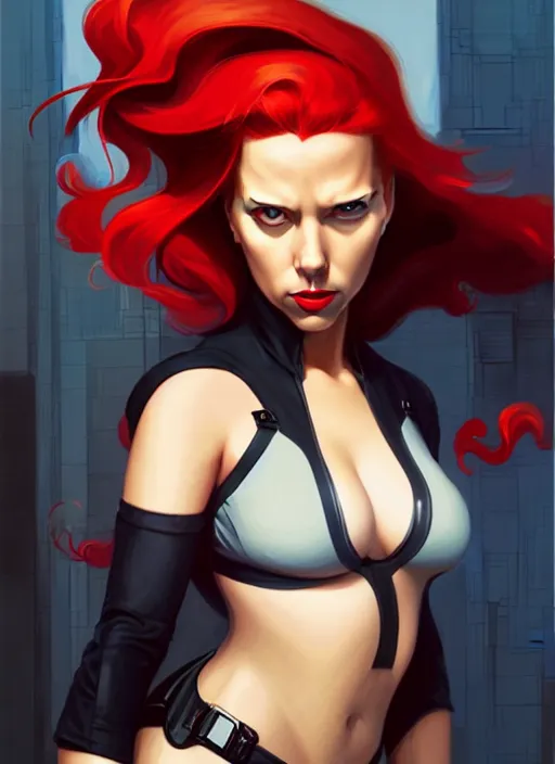 Image similar to peter mohrbacher, phil noto, artgerm, pretty scarlett johansson black widow, symmetrical eyes, long red hair, full body, city rooftop