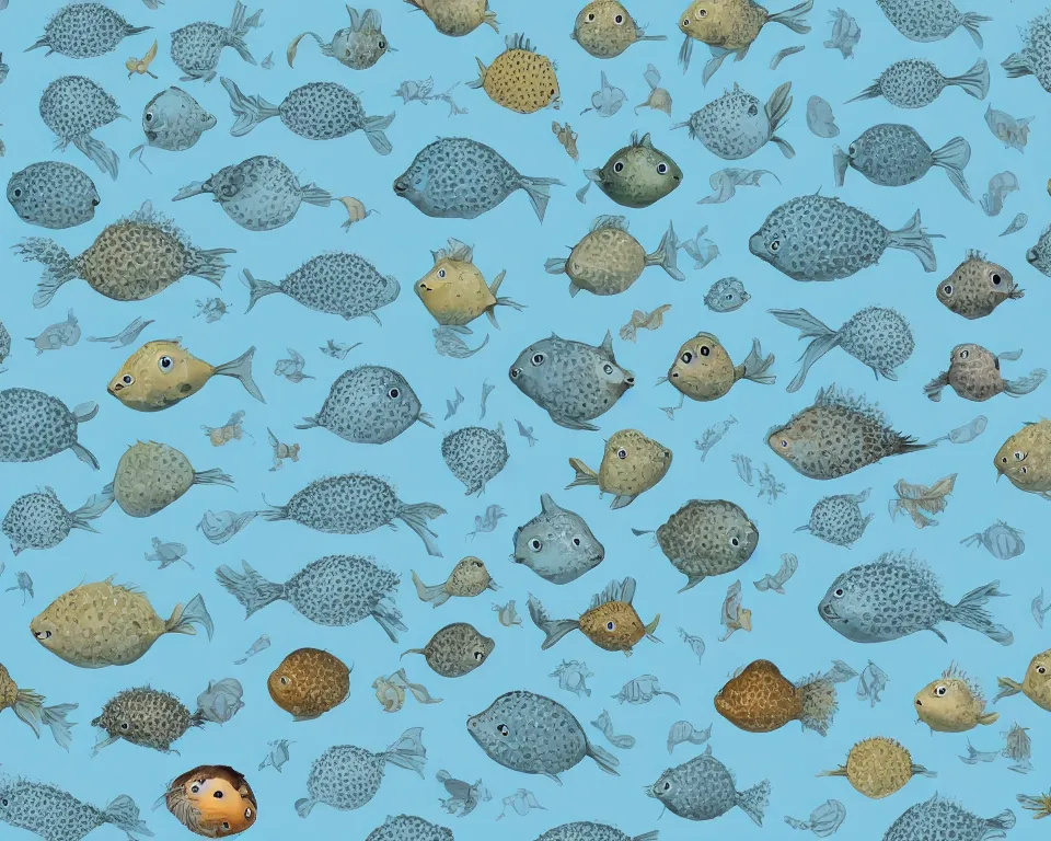 wallpaper with puffer fish on baby blue background. | Stable Diffusion