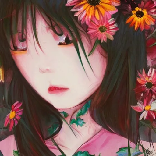 Prompt: flowers, art, girl, clothing, tears, chinese, mao jun