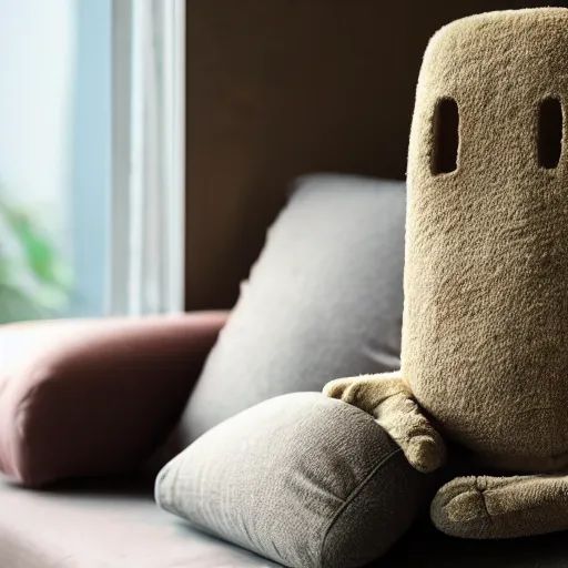 Prompt: moai plushy toy on a couch, ambient light