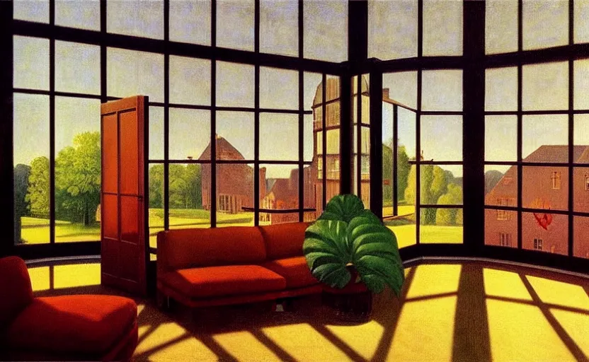 Prompt: a beautiful print of the interior of a modern home library in a room with tall glass windows, plants everywhere, night outside, ambient light by Raphael, Hopper, and Rene Magritte. detailed, romantic, enchanting, trending on artstation