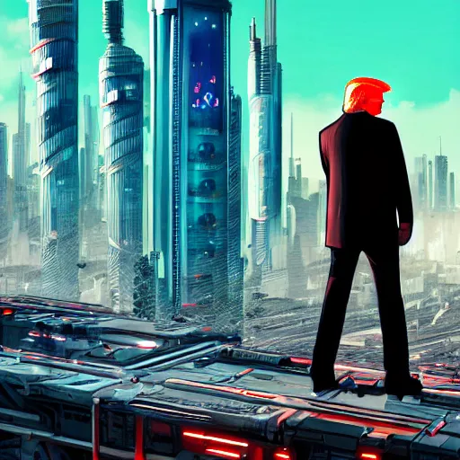 Prompt: cyberpunk donald trump in a vast expansive city