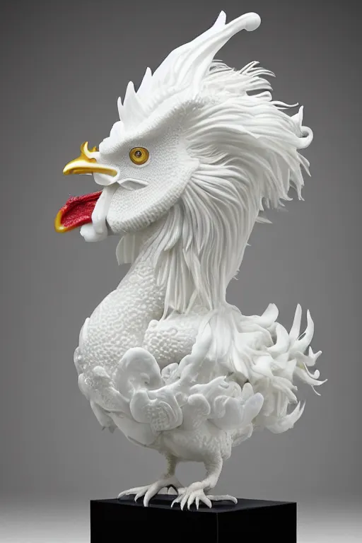 Image similar to full head and shoulders, realistic bjork porcelain rooster sculpture, smooth, delicate facial features, white eyes, white lashes, detailed white, lots of 3 d gold chinese dragons anatomical, all white features on a white background, by daniel arsham and james jean