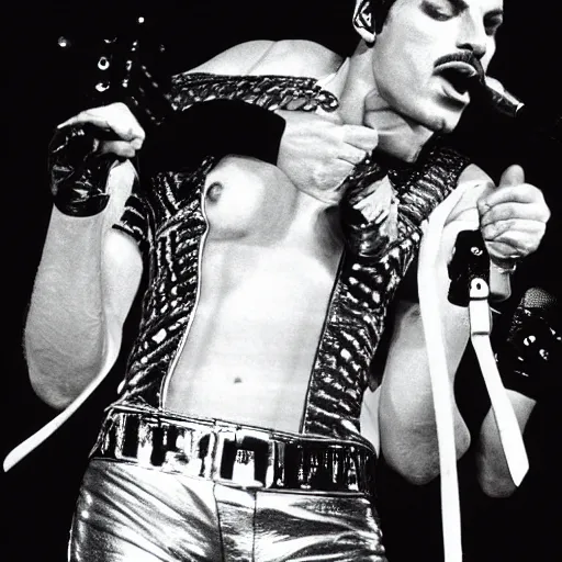 Image similar to freddy mercury singing on stage with 1 9 8 4 david lee roth. still photo by annie liebowitz.